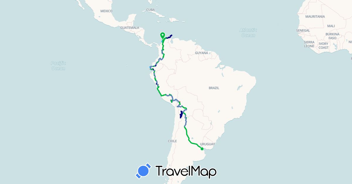 TravelMap itinerary: driving, bus, cycling, hiking, boat in Argentina, Bolivia, Chile, Colombia, Ecuador, Peru (South America)